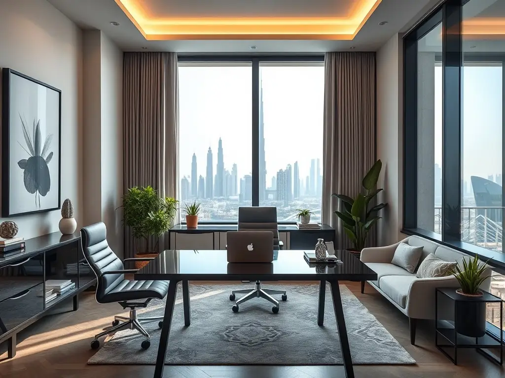 A professional workspace in Dubai Freezone, symbolizing the ease of legal setup with MangMark's assistance. The image should convey efficiency and a modern business environment.