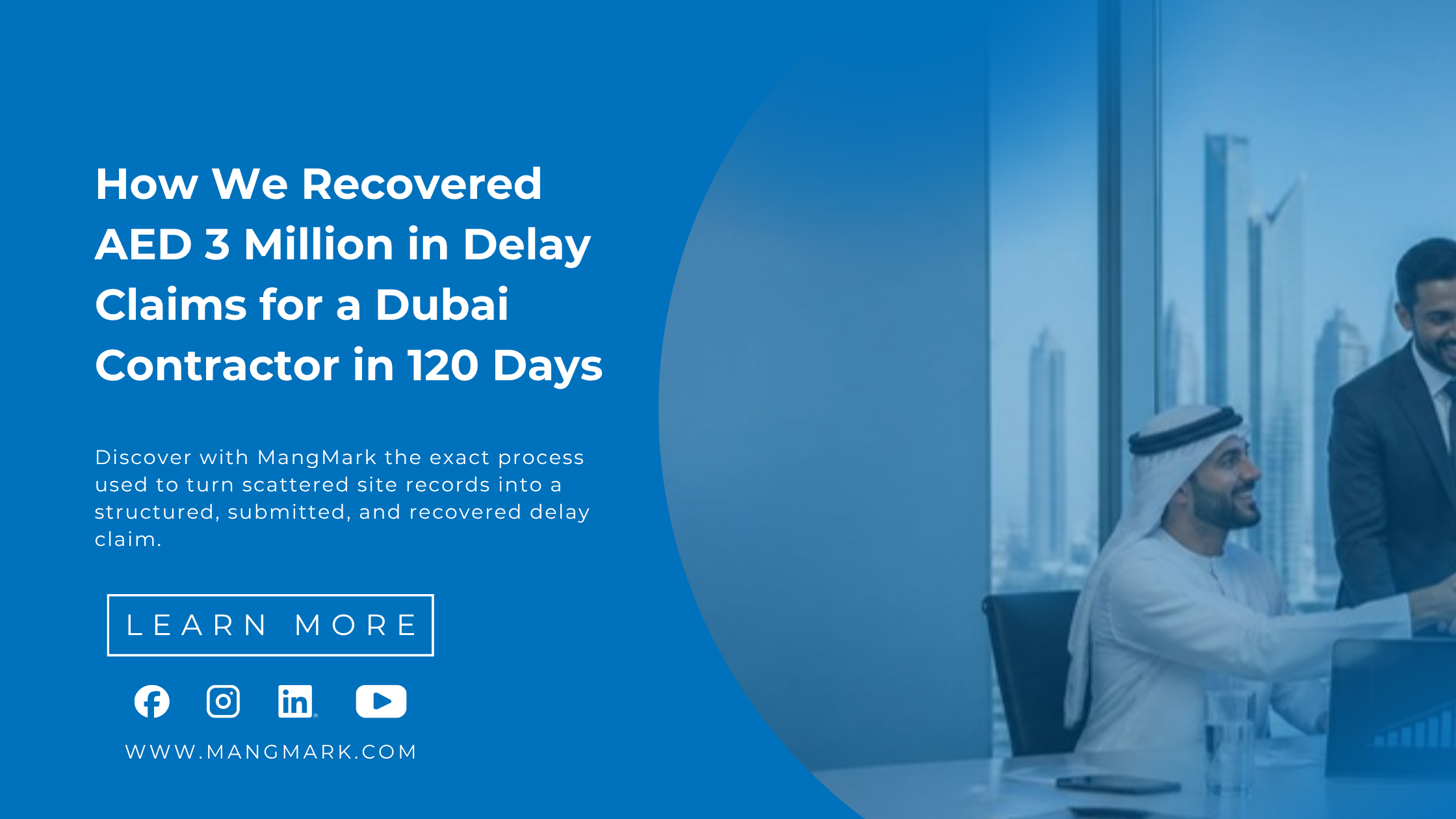 Business team celebrating a financial success with Dubai skyline - AED 3 Million Delay Claim Recovery