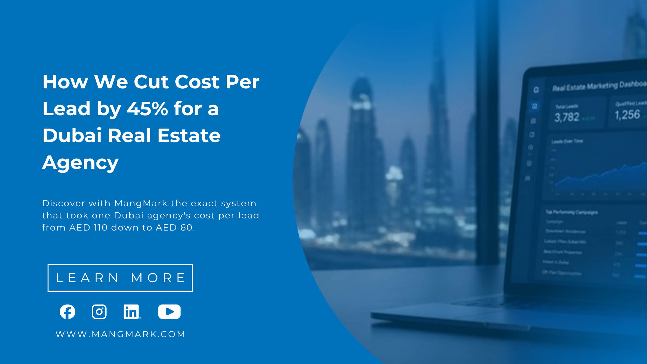 Real estate marketing analytics dashboard with lead generation metrics and Dubai skyline