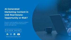 Marketing professional using AI tools with holographic interface for real estate content